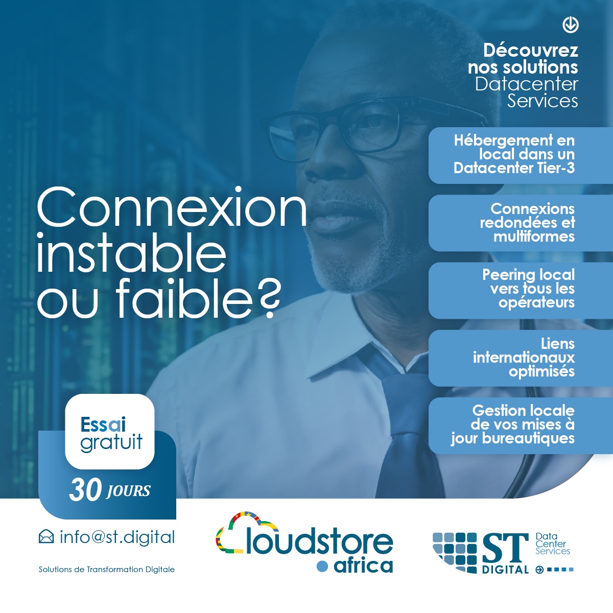STDIGITAL_corp's tweet image. 🚀 Fatigué des connexions instables ou faibles ? Chez #STDIGITAL, nous avons la solution ! 🚀
Découvrez nos solutions #DatacenterServices qui garantissent une #connexion fiable et rapide.
Essai gratuit de 30 jours !  
Pour plus d’informations👉 info@st.digital
#IntlDataCentreDay
