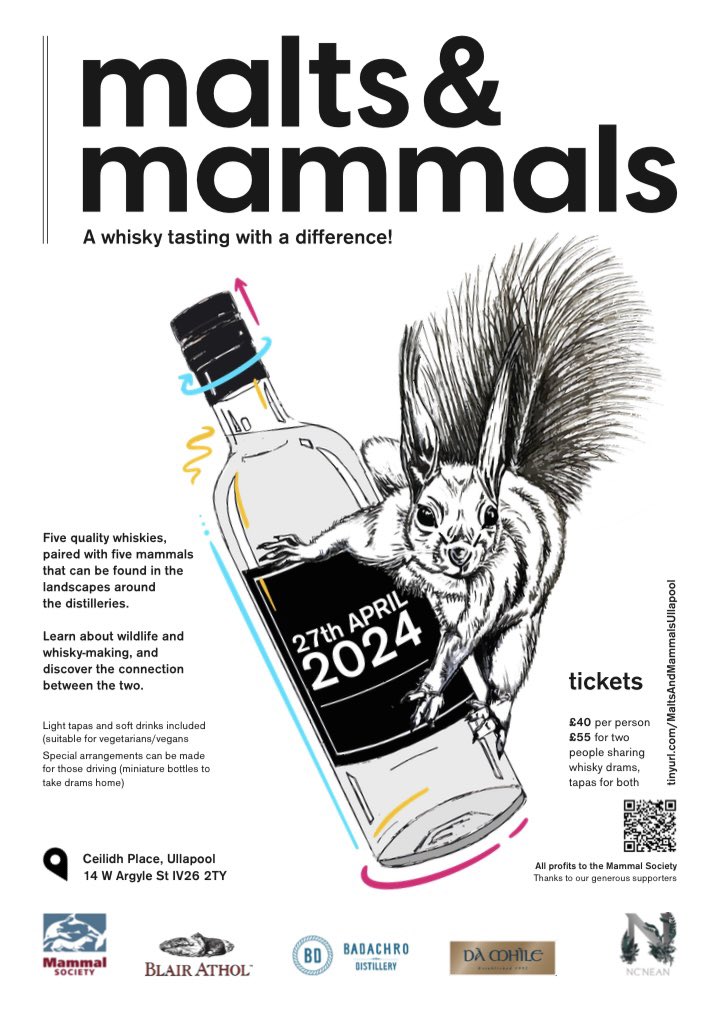 Excited to be bringing two passions together for a series of events focused on whisky & wildlife, to raise money for @Mammal_Society. First is in #Ullapool in April. Looking for venues around UK for Summer & Autumn events - contact me if you could host! eventbrite.co.uk/e/malts-mammal…