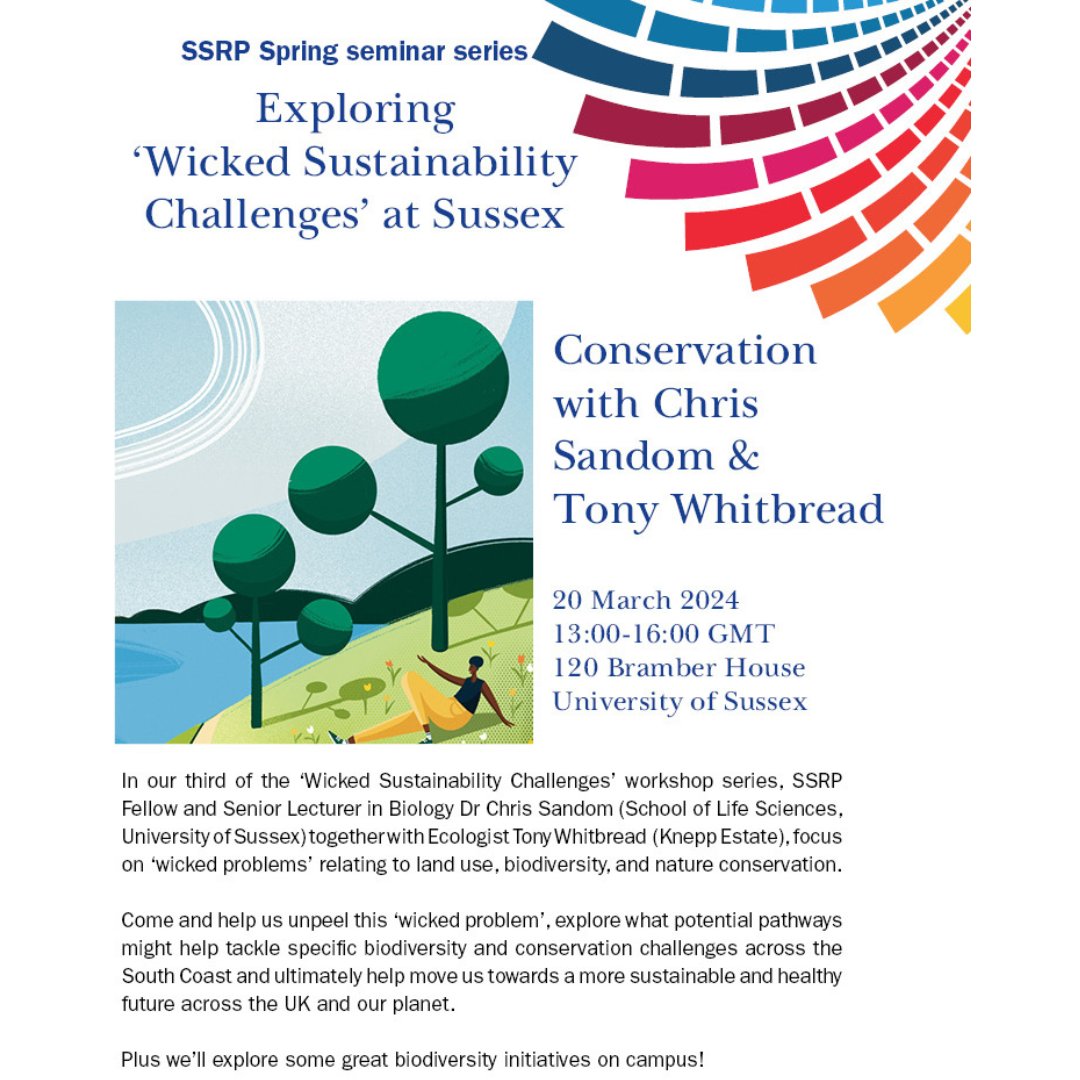 Join us TODAY on #WorldRewildingDay for part 3⃣ of our 'Wicked Sustainability Challenges' series as conservation experts Chris Sandom @SussexLifeSci & Tony Whitbread @KneppWilding explore the delicate balance between human needs and biodiversity Register: tickettailor.com/events/ssrp/11…