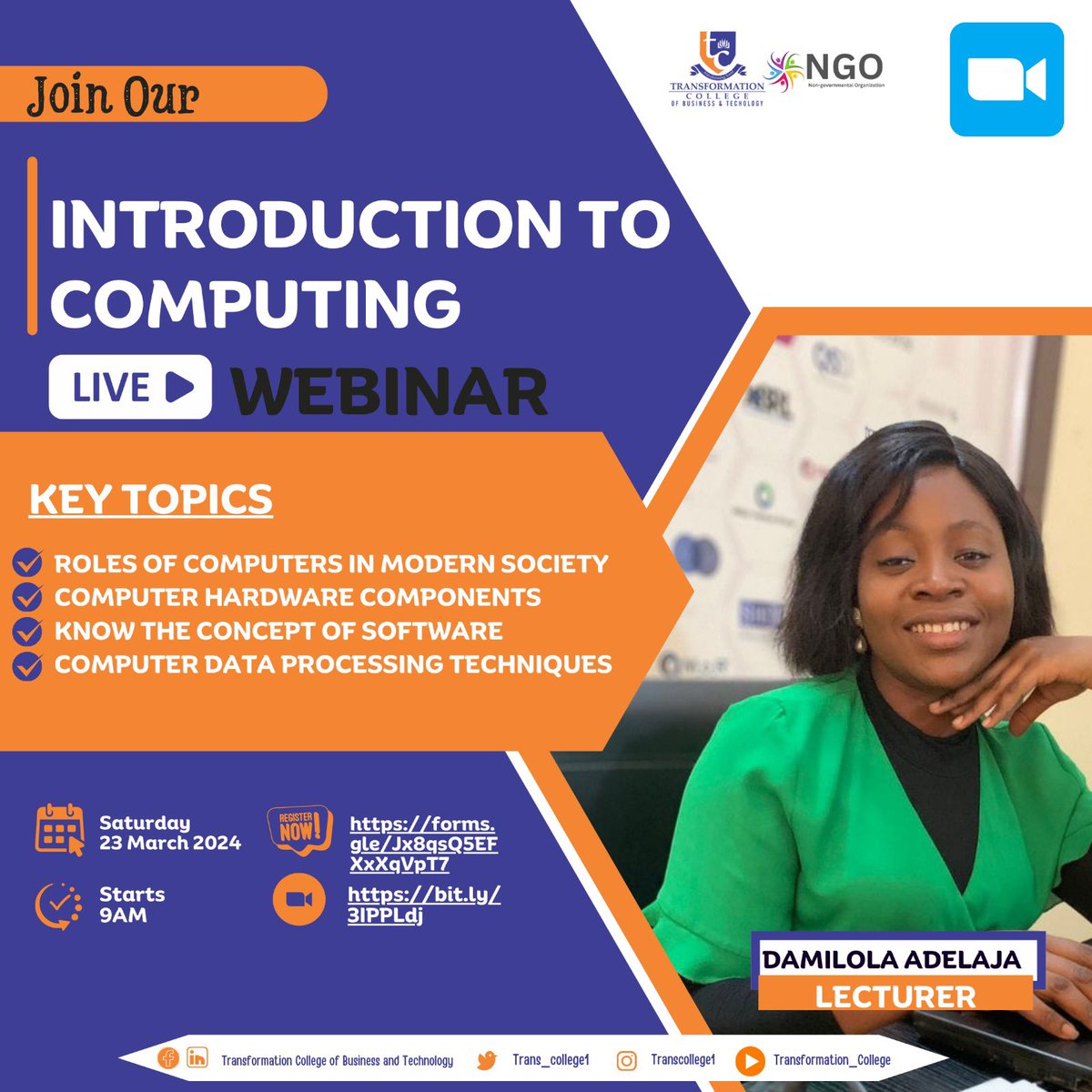 Trans_college1's tweet image. 🌟 Join us for an Introduction to Computing webinar with Damilola Adelaja!
📅 Date: March 23rd, 2024
🕒 Time: 9:00 AM (GMT)
🔗 Register: forms.gle/Jx8qsQ5EFXxXqV…
🔗 Zoom: bit.ly/3IPPLdj
Don't miss out on expanding your computing skills! 👩💻👨💻 #IntroductionToComputing