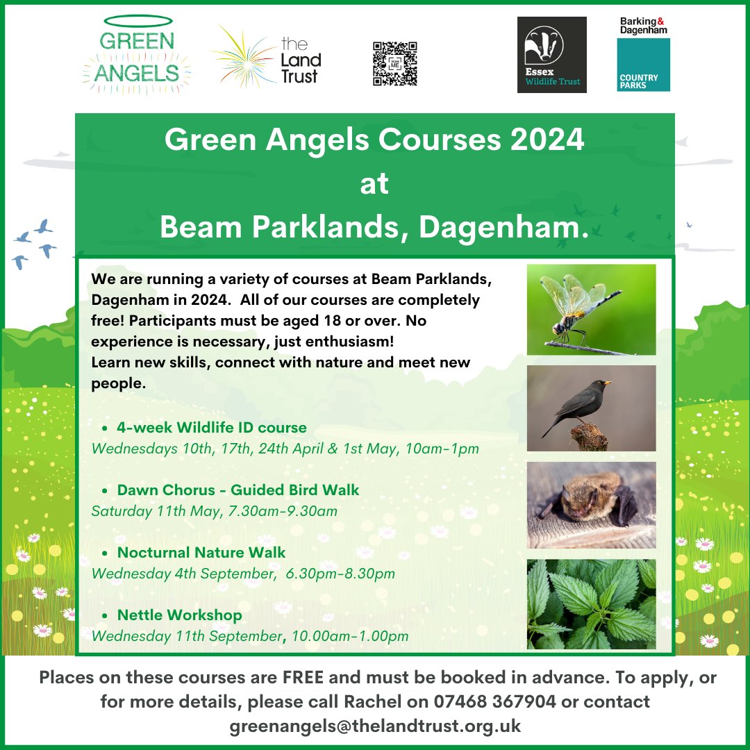 If you live in the Barking, Dagenham and surrounding areas then we have a range of great FREE courses for you this year at Beam Parklands with @EssexWildlife and @lbbdcouncil. Please contact Rachel on 07468367904 or email greenangels@thelandtrust.org.uk to reserve your place.