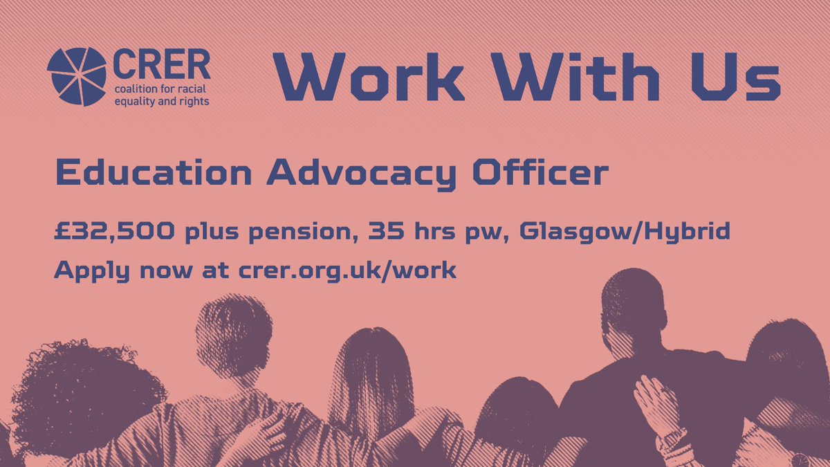 ‼️ Please share - applications closing Monday! ‼️ We're looking for an Education Advocacy Officer to co-ordinate a new advice and advocacy service for parents/carers of young people facing racism at school in Scotland. Details available on our website: crer.org.uk/work