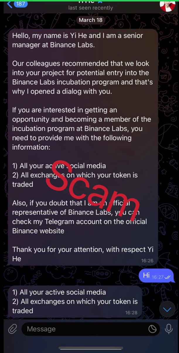 I never discuss investments and listings with project parties. My Telegram name is not Yi he. Please note that on Telegram, the Bio allows for the use of the same username as yours, which can then be used for scams.