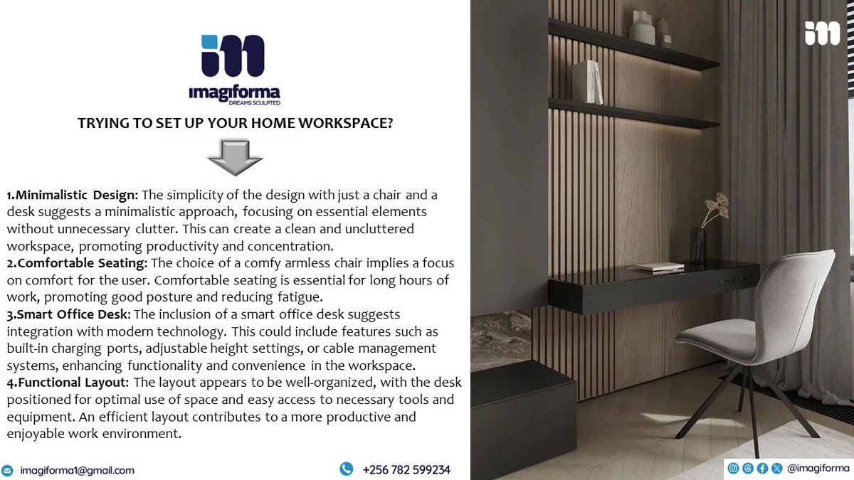 imagiforma's tweet image. Transform your workday with a touch of modern elegance. Our sleek home workspace setup offers the perfect blend of style, comfort, and functionality.
Say hello to productivity in style! 💼✨ #homeoffice #moderndesign #productivitygoals #architecture #imagiforma #dreamssculpted