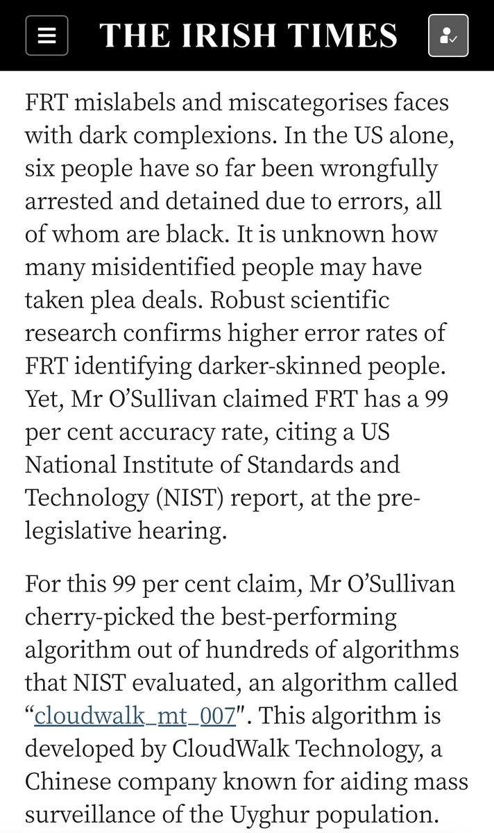 Really strong piece from TCD adjunct assistant professor and AI advisor to Mozilla, Abeba Birhane on the misguided legislation the Govt are pushing to legislate for Garda use of Facial Recognition tech. irishtimes.com/opinion/2024/0…