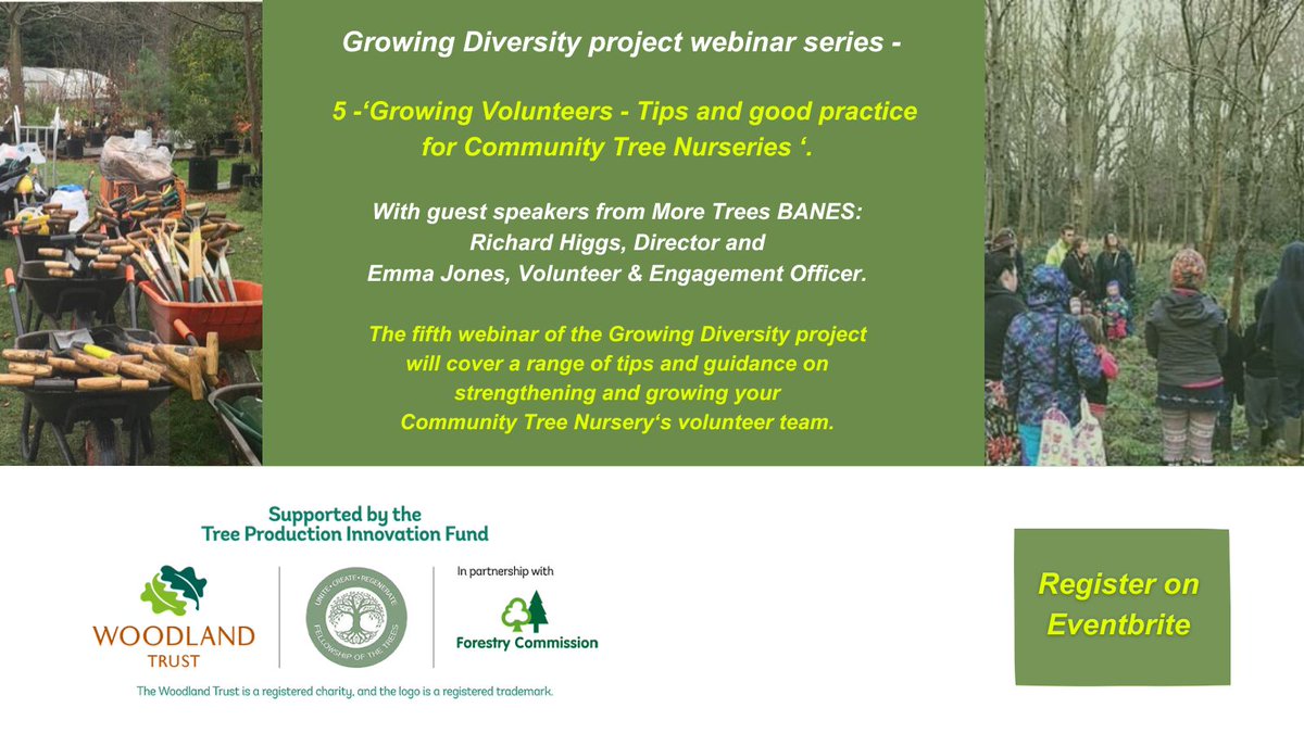 On May 14th, our Growing Diversity project with the @WoodlandTrust has a webinar focused on the very important volunteer aspect of running a CTN, with 2 guest speakers from @MoreTreesBANES You can register now - eventbrite.co.uk/organizations/…
