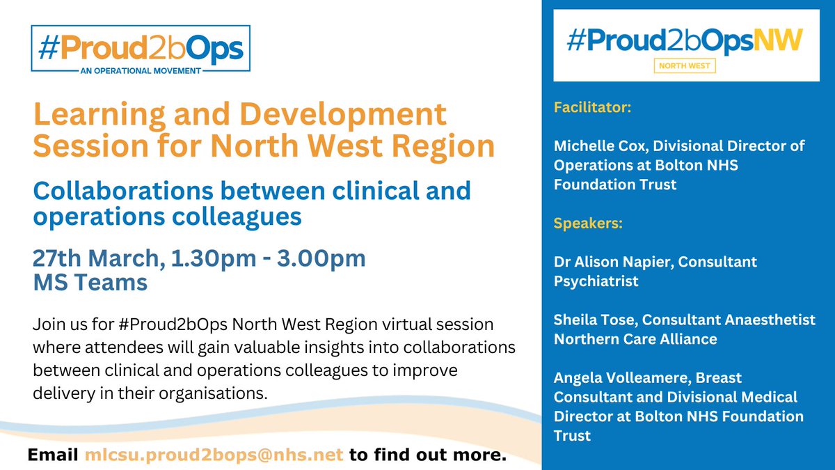 Proud2bOps - National Network (@proud2bops) on Twitter photo We're excited for this Learning and Development session for the #Proud2bOps North West region🎉
Join <a href="/michelleljcox/">Michelle Cox</a> & our brilliant speakers to gain insights on how collaboration between clinical & operations colleagues can improve delivery🌠
🗓️ 27th March
⏰ 1.30pm - 3pm We're excited for this Learning and Development session for the #Proud2bOps North West region🎉
Join <a href="/michelleljcox/">Michelle Cox</a> & our brilliant speakers to gain insights on how collaboration between clinical & operations colleagues can improve delivery🌠
🗓️ 27th March
⏰ 1.30pm - 3pm