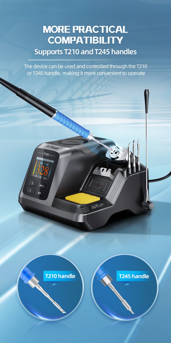 Real-time standby feature prolongs the service life of soldering tips, saving you time and money. 💰⏳ Plus, AiXun T320 is compatible with both T210 and T245 handles, providing high versatility for various soldering applications. 🛠️🔌 #solderingsolutions