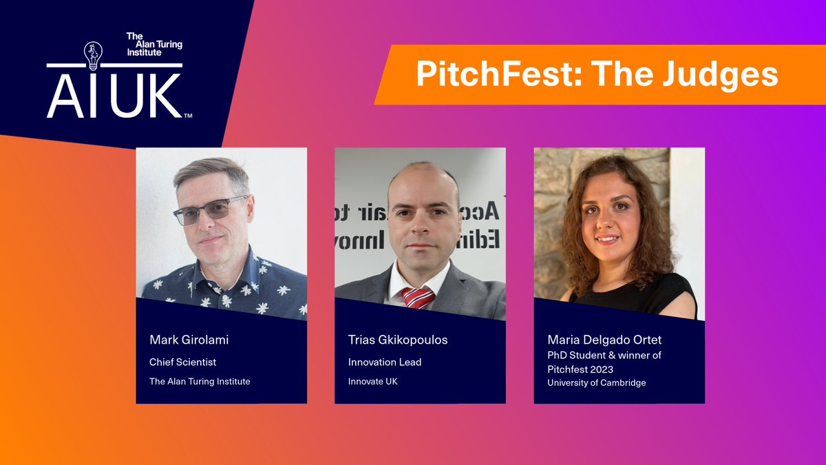 The Alan Turing Institute (@turinginst) on Twitter photo 🗫 Opening the #AIUK Conversation Stage today, it’s #PitchFest!
Join this fun-filled session as shortlisted researchers pitch projects to the judges:
⭐Maria Delgado Ortet, <a href="/Cambridge_Uni/">Cambridge University</a>
⭐<a href="/TuringChiefSci/">Mark Girolami</a> Mark Girolami
⭐Trias Gkikopoulos, @InnovateUK
➡️bit.ly/3E3wQcW 🗫 Opening the #AIUK Conversation Stage today, it’s #PitchFest!
Join this fun-filled session as shortlisted researchers pitch projects to the judges:
⭐Maria Delgado Ortet, <a href="/Cambridge_Uni/">Cambridge University</a>
⭐<a href="/TuringChiefSci/">Mark Girolami</a> Mark Girolami
⭐Trias Gkikopoulos, @InnovateUK
➡️bit.ly/3E3wQcW