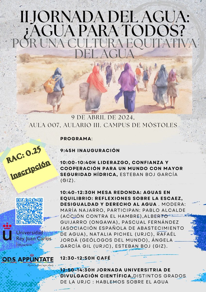 💧Os presentamos la "II Jornada del Agua: ¿Agua para todos? Por una Cultura Equitativa del Agua"💧
¡¡Tendrá lugar el 9 de abril en el Campus de Móstoles!!
Hablaremos sobre desequilibrio social, brecha de género y derecho fundamental al agua, entre otros.
Os esperamos 🫶