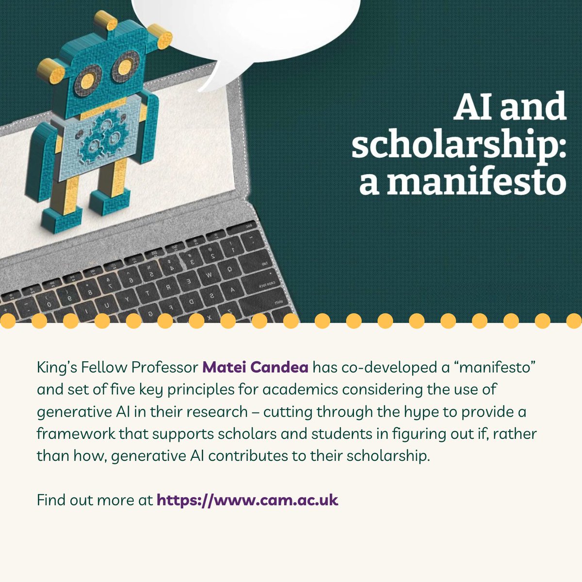 Together with Dr Ella McPherson, King's Fellow Prof Matei Candea proposes five key principles to question if we should use generative AI in scholarship. 👇 bit.ly/AIandScholarsh… @Cambridge_Uni @QueensCam