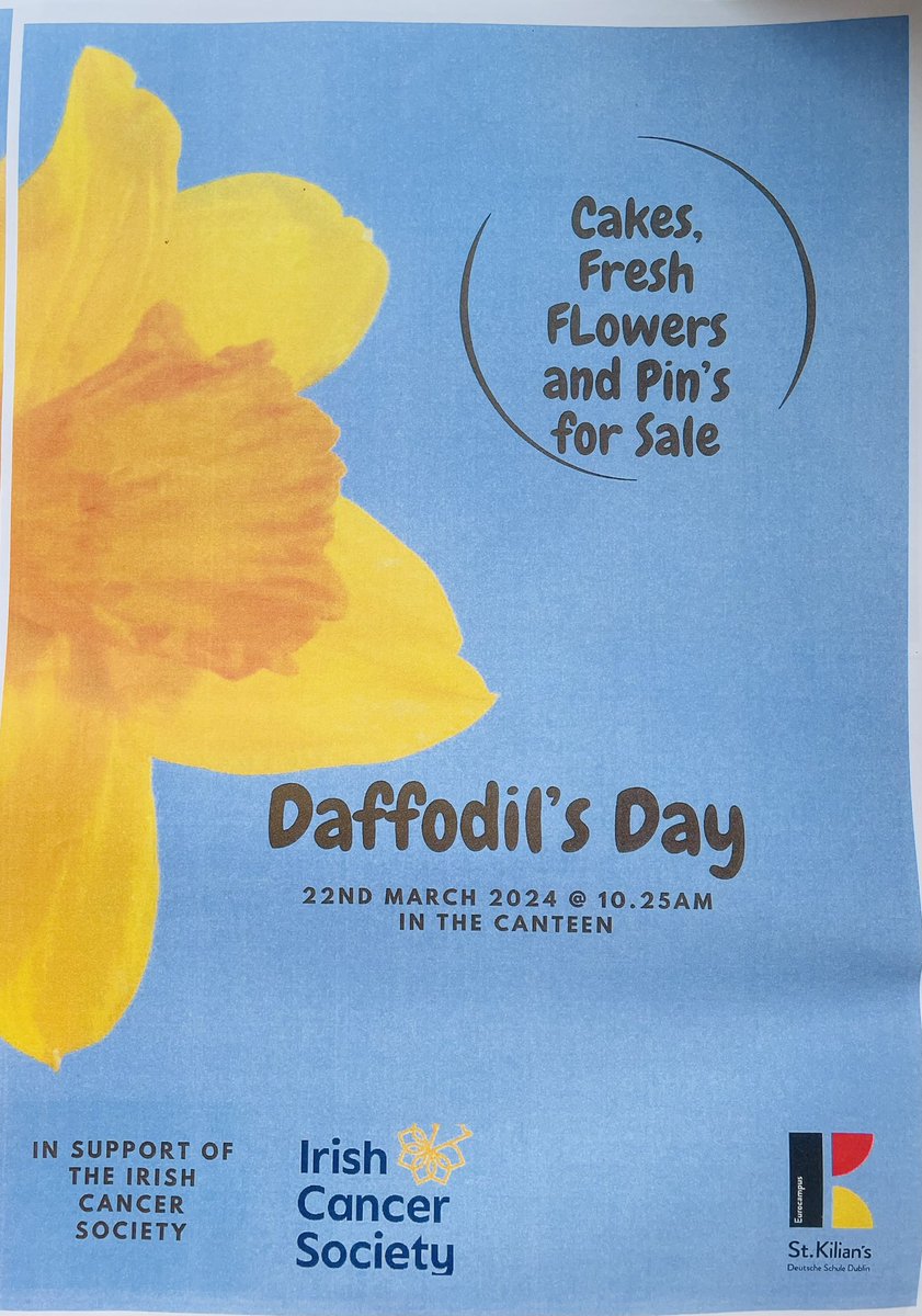 🌼 This Friday is #DaffodilDay 🌼 To mark the day we will have cakes, fresh flowers and pins on sale in support of the @IrishCancerSoc. Please help us with a small donation. #daffodilday2024 #inaidoftheIrishCancerSociety @StKiliansDS