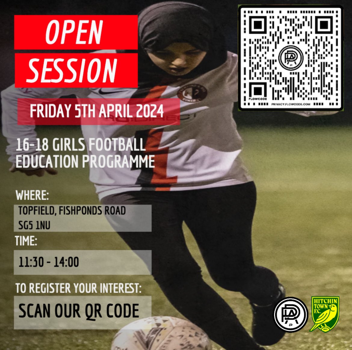 EASTER SESSION UPDATE 🐣 New location confirmed for our Easter session 👀 We’ll now be at Hitchin’s ground 🤝🏼 We’re also excited to announce we are running a girls session that day as well 👋🏻 All details are below 👇🏻 To register your interest, scan the QR code 📷