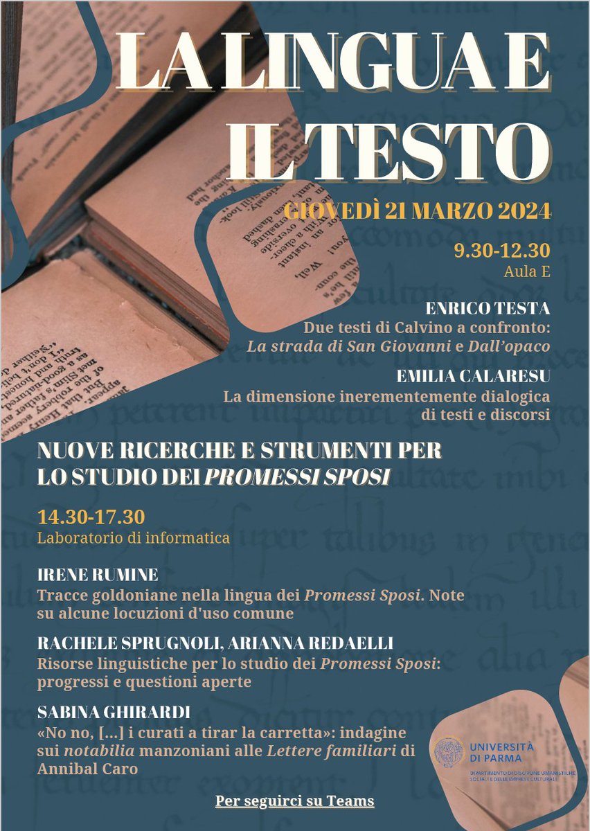 LabIUCD (@labiucd) on Twitter photo Domani <a href="/unipr/">UniversitĂ di Parma</a> e online: giornata di studi "La lingua e il testo" dhlab.unipr.it/?p=1937
Link Teams: tinyurl.com/3fk3hm9f Domani <a href="/unipr/">UniversitĂ di Parma</a> e online: giornata di studi "La lingua e il testo" dhlab.unipr.it/?p=1937
Link Teams: tinyurl.com/3fk3hm9f
