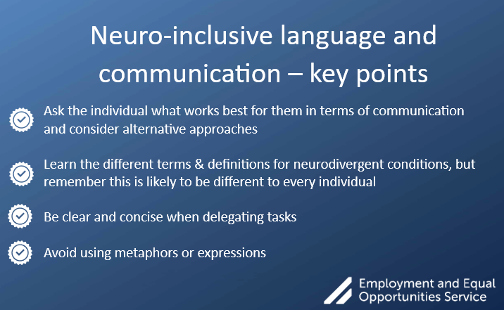 eeos_gsy's tweet photo. We joined the #NeurodiversityCelebrationWeek webinar about Neuro-inclusive language and communication.

The overriding messages were
➡️there is no one size fits all approach
➡️don't make assumptions
➡️If in doubt - ask!

This can help avoid disputes and potential discrimination. https://t.co/rfWQYFC0Iz