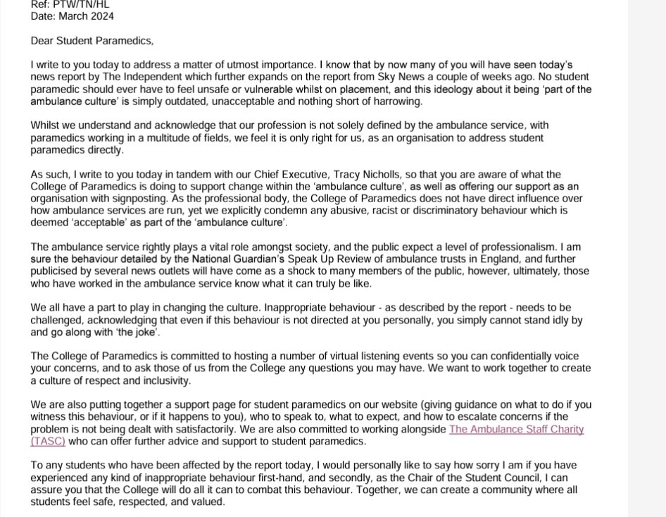 'No student paramedic should ever have to feel unsafe or vulnerable whilst on placement, and this ideology about it being ‘part of the ambulance culture’ is simply outdated, unacceptable and nothing short of harrowing says' @ParamedicsUK