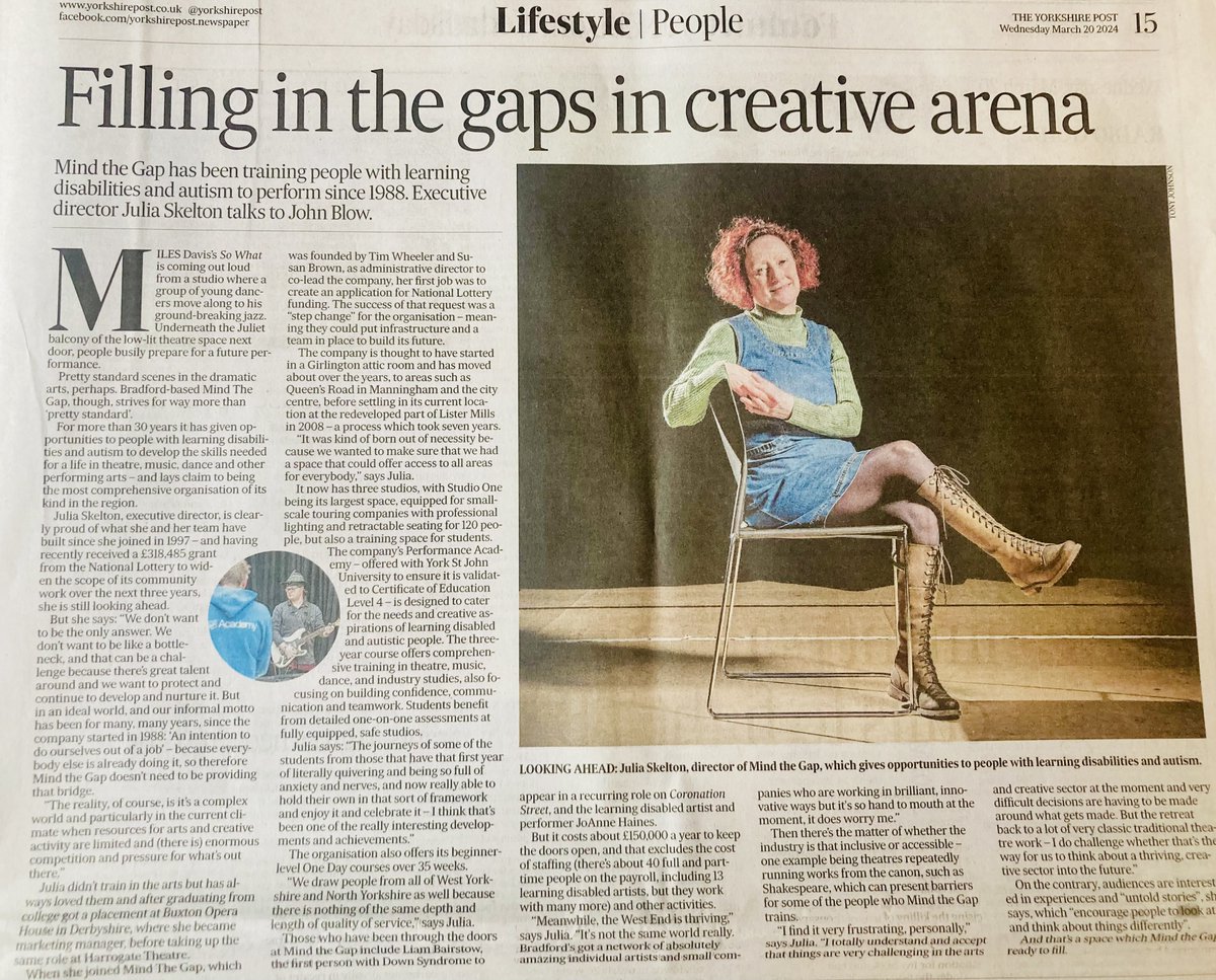 Grab a copy of @yorkshirepost for an exclusive interview with Julia, shedding light on our groundbreaking courses for people with learning disabilities and/or autism in #Bradford in collaboration with @YorkStJohn Applications for Performance Academy closing soon