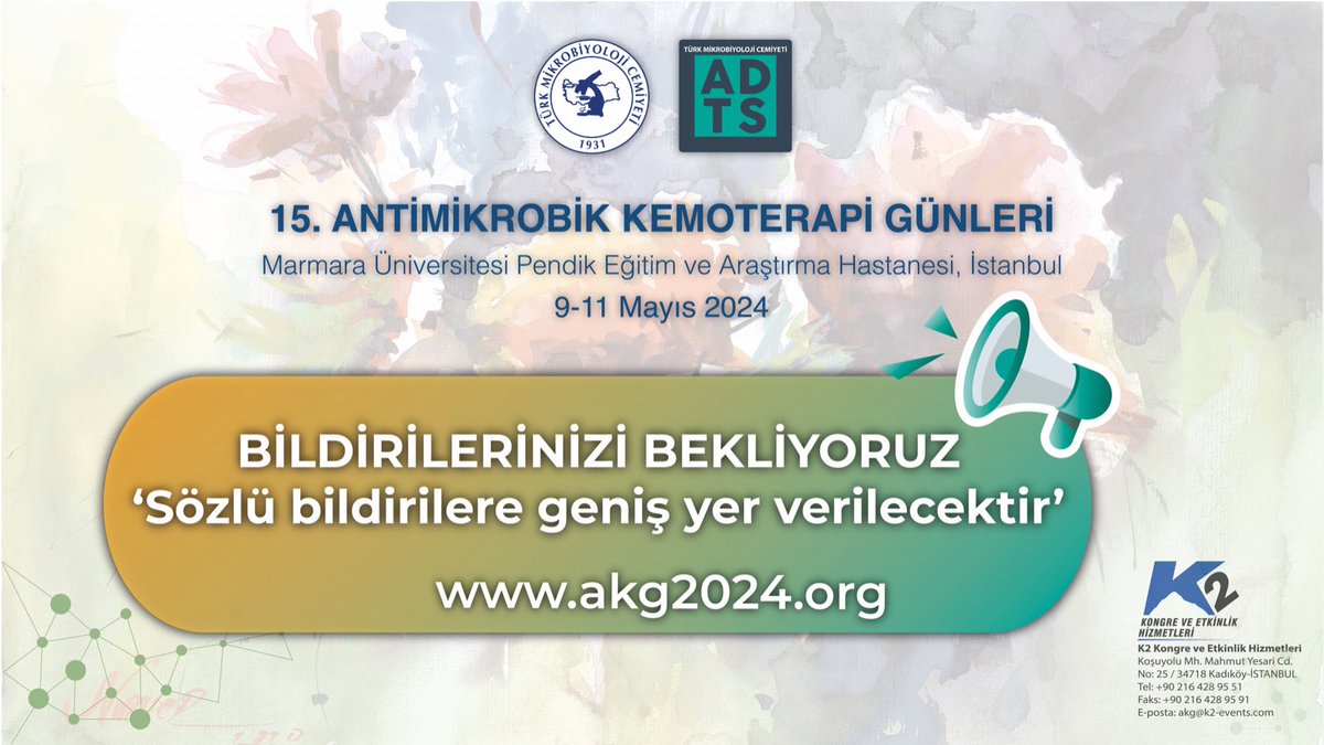 TMC Antibiyotik Duyarlılık Testlerinin Standardizasyonu (ADTS) Çalışma Grubu’nun düzenlediği Antimikrobik Kemoterapi Günleri’nin (AKG) 15.’si, 9-11 Mayıs 2024 tarihleri arasında İstanbul’da, Marmara Üniversitesi Pendik Eğitim ve Araştırma Hastanesi’nde düzenlenecektir.