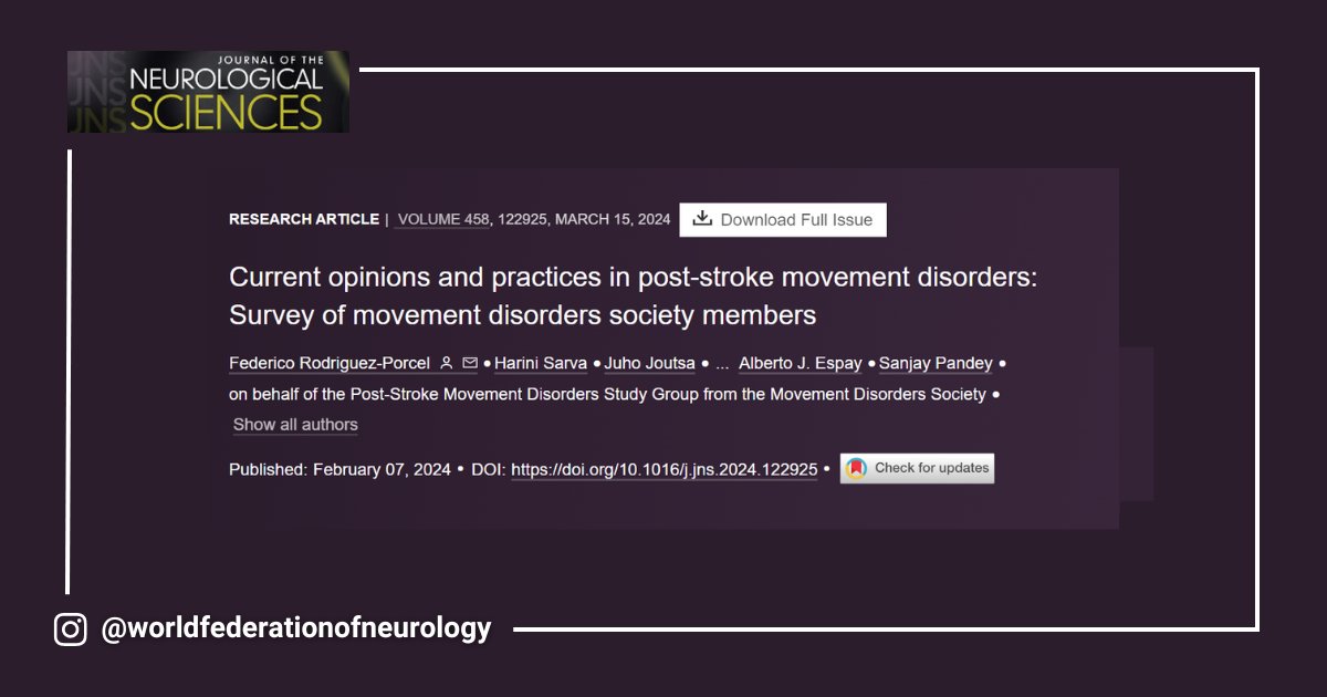 🌠 New in Neurology! JNS Vol 458, March '24 Dive into key discoveries on: ▶️ Post-Stroke Disorders ▶️Sleep & Alzheimer's ▶️Cerebral Amyloid Angiopathy ▶️MS Therapy Read more: wfneurology.org/2024-03-15-wfn… #WFN #BrainHealth