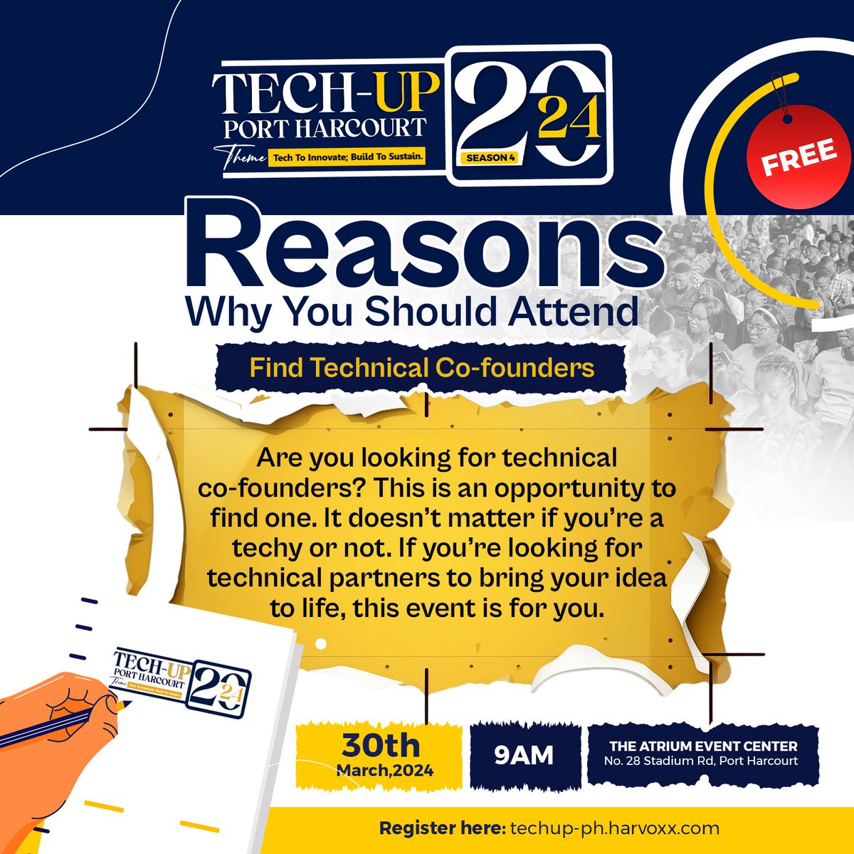HarvoxxH's tweet photo. You've been stalling

You've been waiting for we to spell out the reason why you shouldn't miss TechUp Port Harcourt Season 4 

Well, we are here to tell you

It gets better from there

See you all on the 30th of March by 9am at The Atrium Events Centre 

 #techupportharcourt2024 https://t.co/5hXjPFiG9y