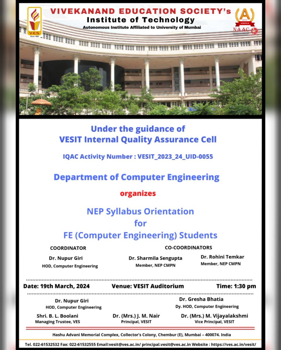 vesitedu's tweet image. Join us for the NEP Syllabus Orientation for First-Year Computer Engineering Students organized by the Department of Computer Engineering! 
 
#NEPOrientation #ComputerEngineering #FirstYear #SyllabusOrientation