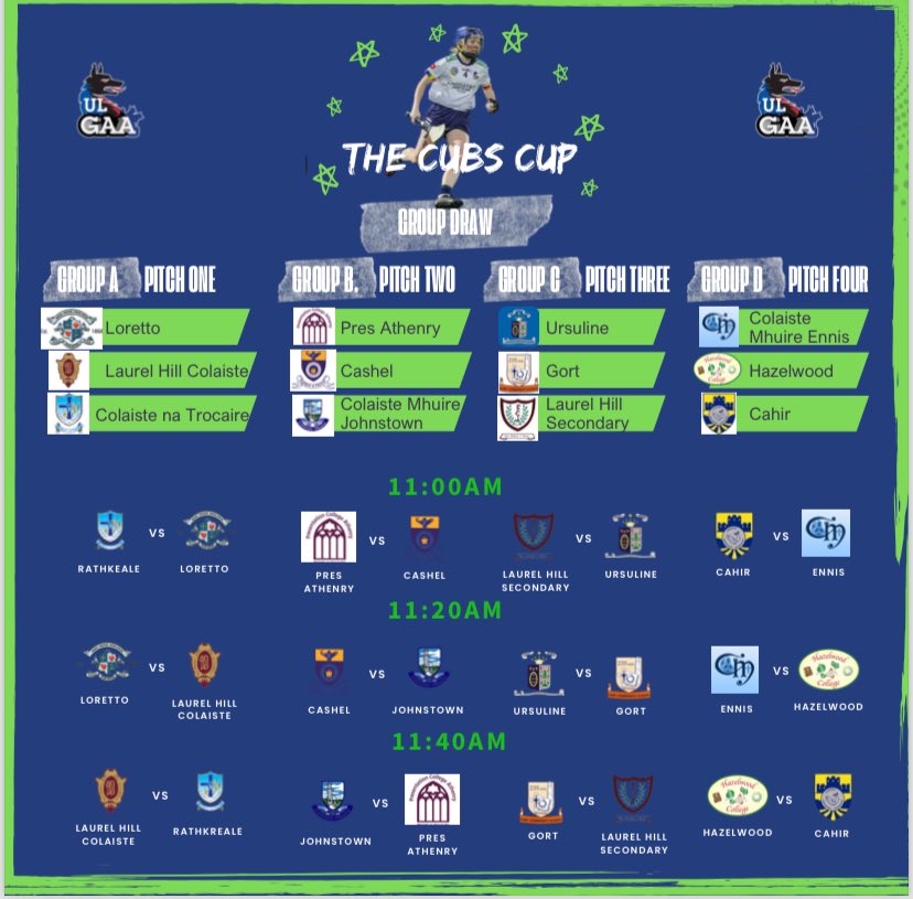 ul_gaa's tweet image. The fixtures for today’s Cubs Cup taking place at Maguire’s Pitches ⬇️
Best of luck to all players and mentors!

#BelongToThePack 🐺