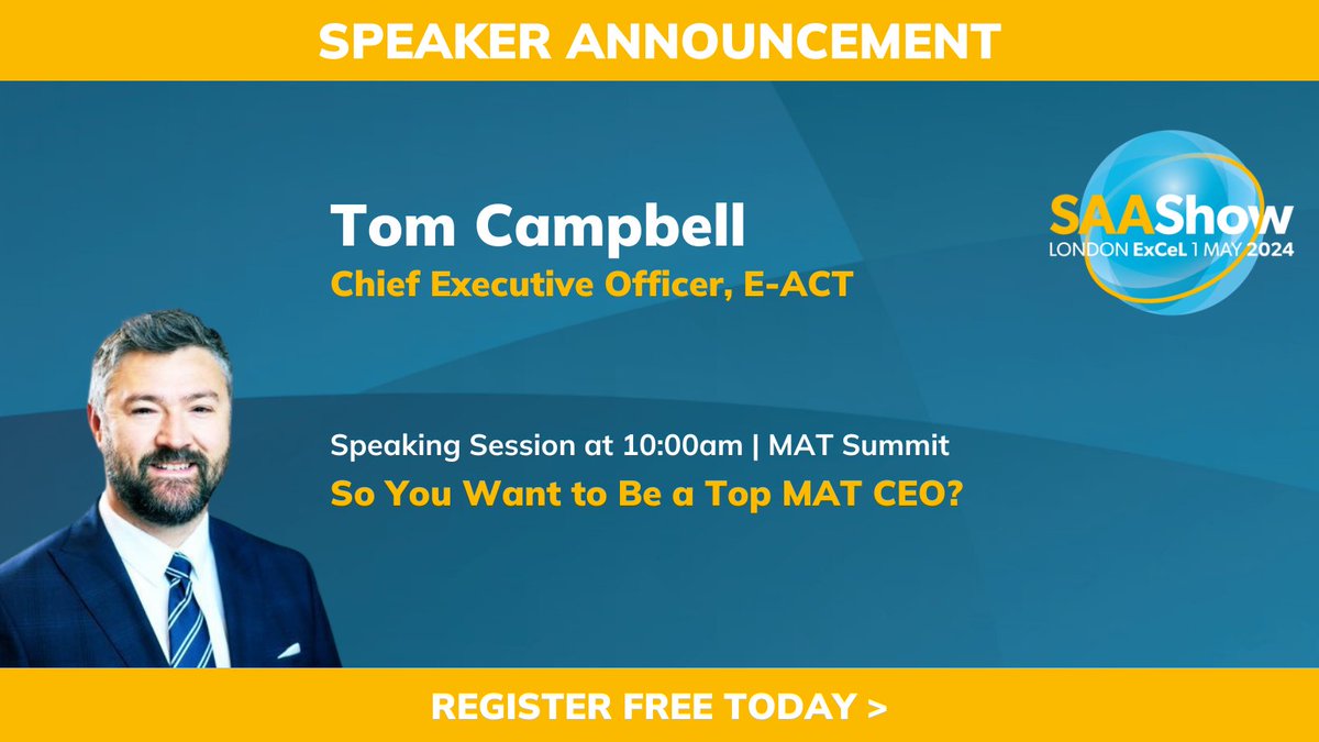 🗣️ We are thrilled to confirm that @TomCampbell111, CEO at @EducationEACT will be speaking at the #SAASHOW this May. Tom will take part in an interactive discussion focused on the skills & knowledge required to be a top-quality MAT CEO hubs.la/Q02nV8K_0 #FanSAAStic