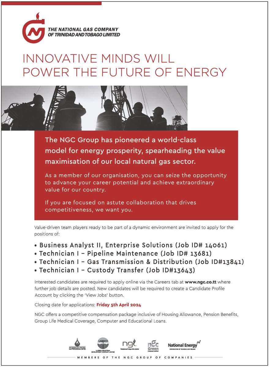 Innovative minds will power the future of energy Career Opportunites at NGC See the full job specifications at ngc.co.tt/career-opportu… #NGC #AtTheForefrontOfEnergy #AGreenNewFutureStartsWithYou #SmallStepsToChange