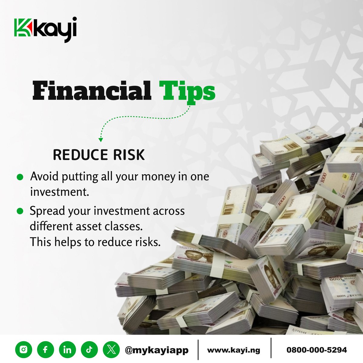 Financial tip
Spread your investments across different asset classes to reduce risk. Don't put all your money in one investment.

#InvestmentDiversification
#RiskReduction
#AssetAllocation
#FinancialResilience
#Mykayiapp
#Kayiway
#Digitalbanking