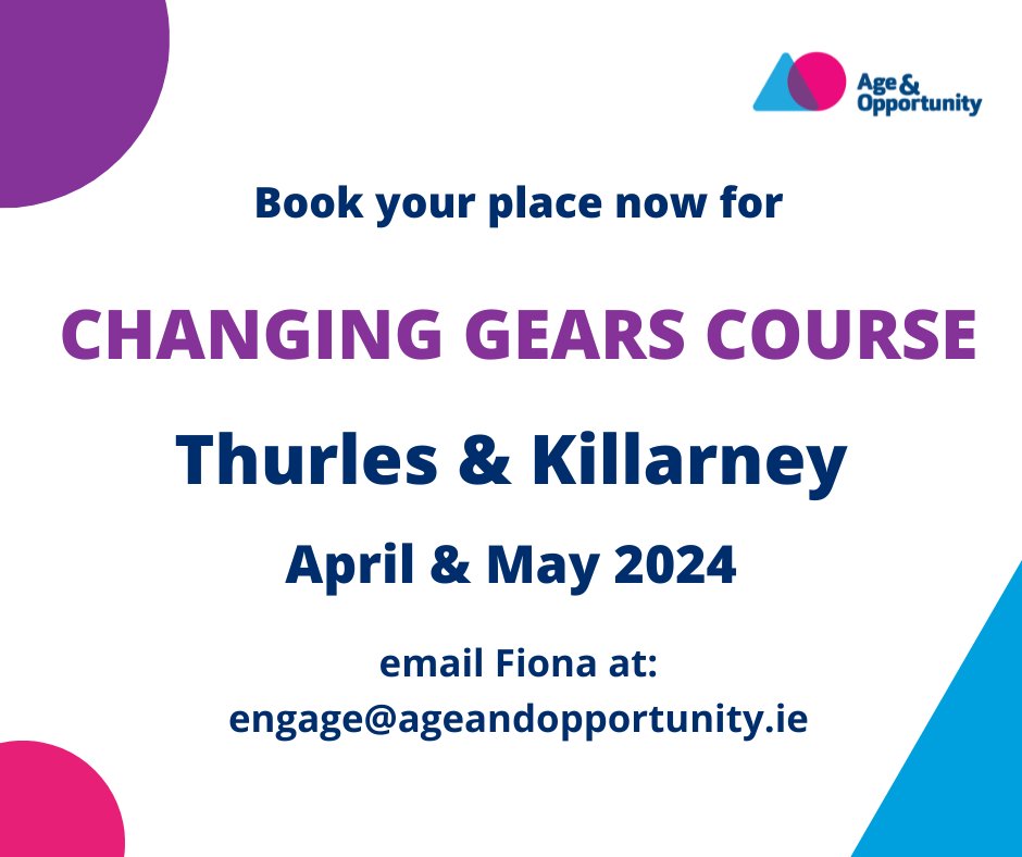 Book your place now for our Changing Gears courses taking place in Thurles and Killarney. Designed to boost wellbeing and resilience, this course focuses on managing transitions in mid to later life. Full details and how to book here: ow.ly/RXLW50QRimw @hselive