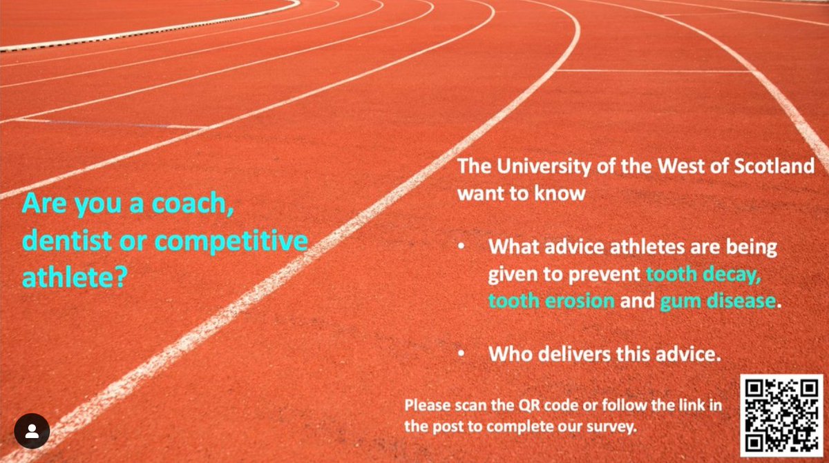Are you a coach, dentist or athlete 16+? I am a researcher at @UWS_Sport interested in the diet and dental advice athletes recieve and what barriers exist in delivering this information. Follow this link uws.questionpro.com/t/AXld9ZxgE6 to complete an online questionnaire on this topic