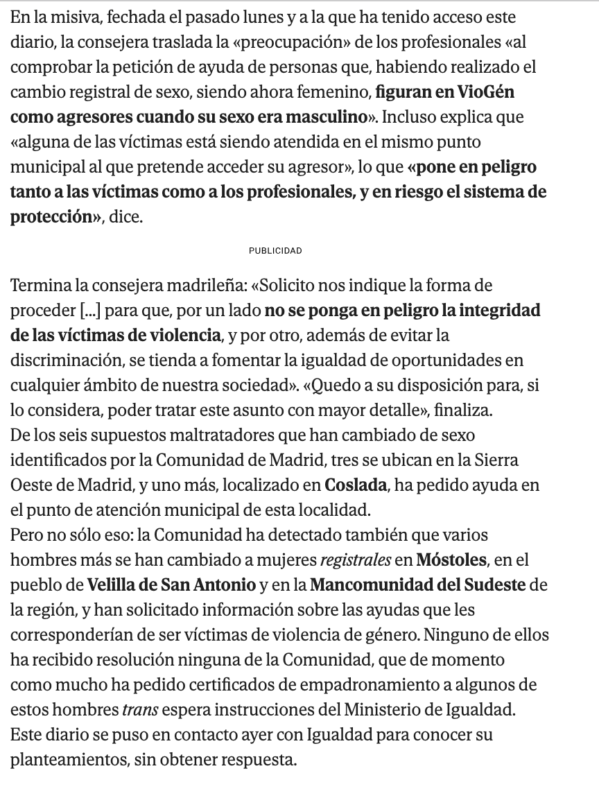 Seis agresores se hacen trans para eludir a la Ley VioGen. 
Volverán a hablar de fraude. Pero si la ley trans no pide antecedentes y no impide que maltratadores cambien de sexo registral, solo cabe concluir: el fraude es la ley.
La autodeterminación es el fraude.