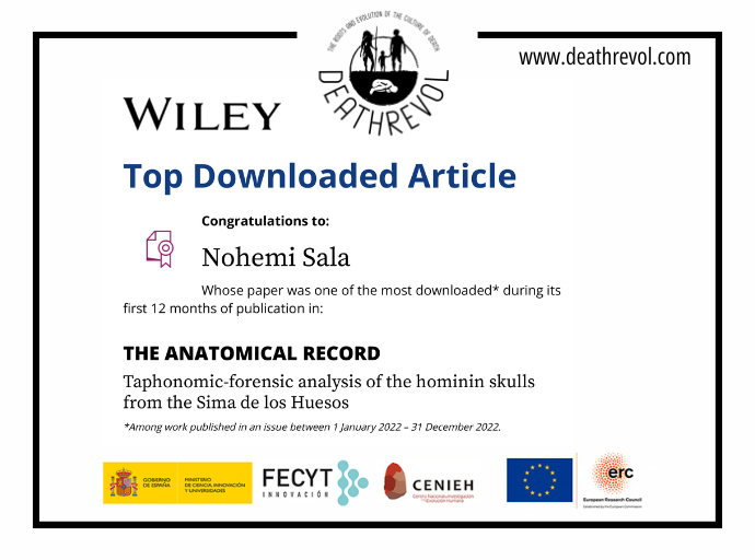 We are excited to share that the our paper 'Taphonomic-forensic analysis of the hominin skulls from the Sima de los Huesos' published in @AnatRecord has received enough downloads to be a #TopDownloadedArticle.

cir.cenieh.es/handle/20.500.…

@ERC_Research @FECYT_Ciencia @CENIEH