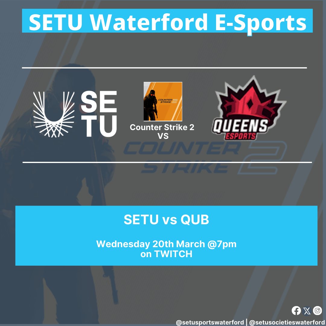 Best of luck to our E-Sports team who take on Queens in Counter Strike 2 tonight!! The game will be live streamed on Twitch 👏💪