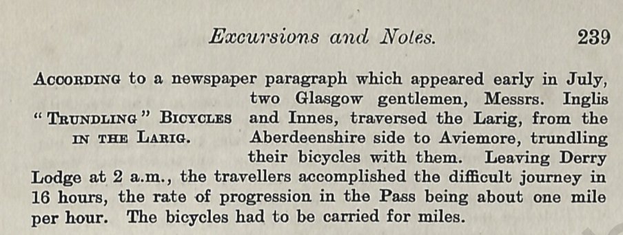 Crossing the Lairig Ghru by bike (more accurately, with bike) in 1904. Source: Cairngorm Club journal. #roughstuff Any earlier accounts out there @tomvanderbilt @m_xl ?