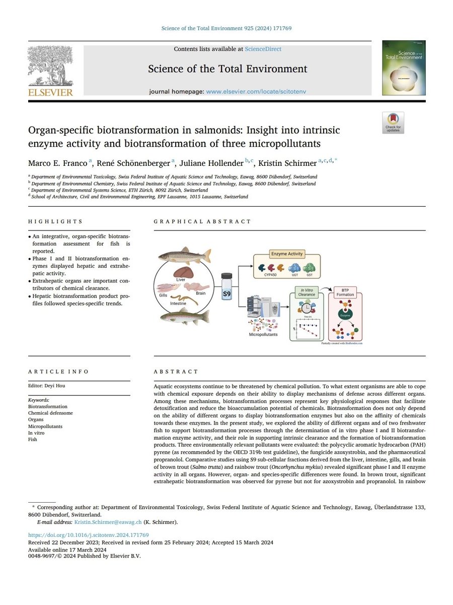 Biotransformation enzymes follow organ-specific activity in fish, but how does this contribute to hepatic and extrahepatic micropollutant clearance? We address this question in our latest publication in <a href="/STOTEN_journal/">STOTEN</a>. Enjoy the read 😊

sciencedirect.com/science/articl…