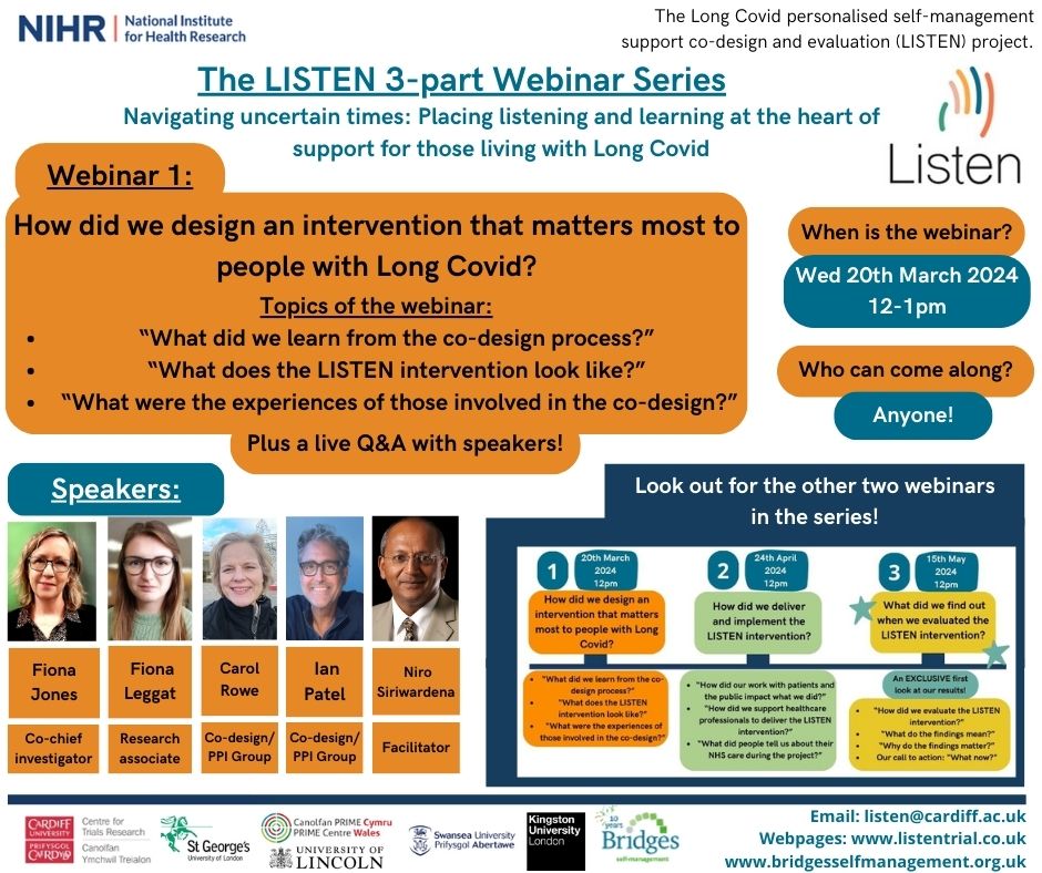 Today's the day! If you haven't already, you can sign up for the first in our webinar series today at 12pm. We will be discussing the @TheLISTENproj co-designed #LongCovid support intervention: us02web.zoom.us/webinar/regist…