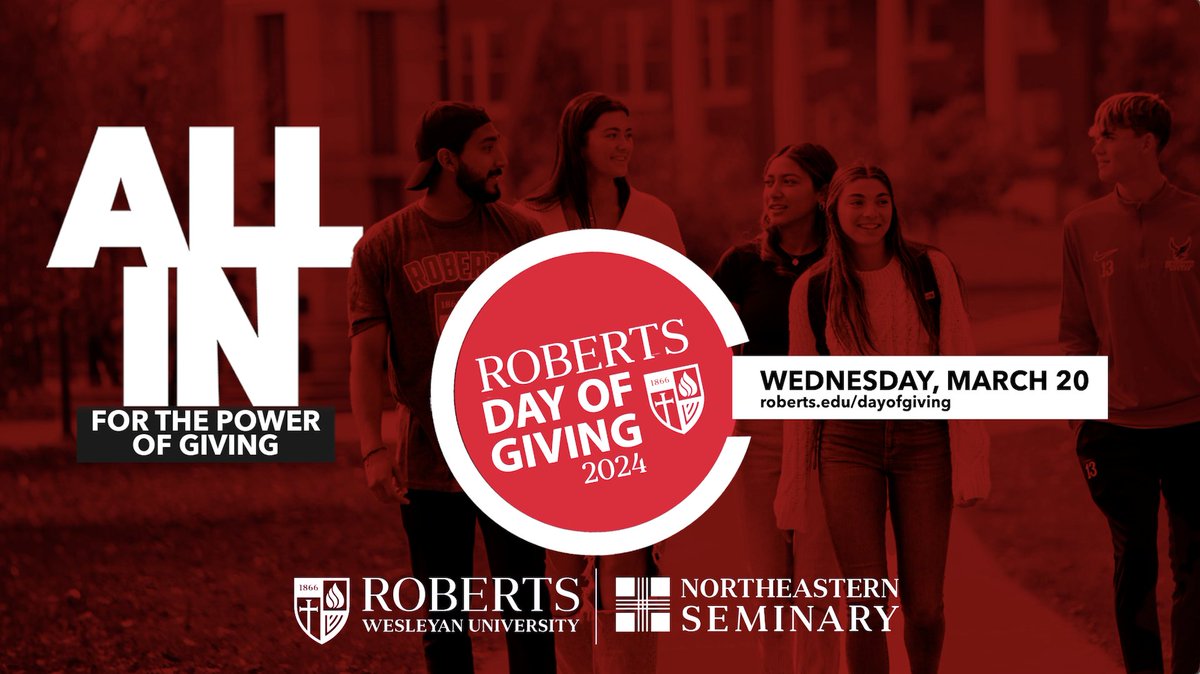 Today, we as a community are going "All In" for the power of giving to raise $500,000 in 24 hours for Roberts &amp; Northeastern Seminary students! 

Goals: $500,000 | 400 donors | 20 new Circle members

visit roberts.edu/dayofgiving

youtu.be/CSSpDeiv9D4