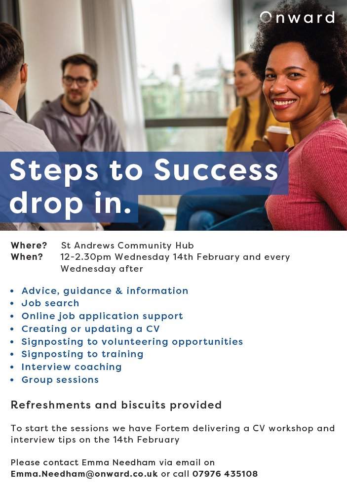 Every Wednesday we're at St Andrew's Community Hub from 12 - 2.30pm to help with: 🙋 Employment advice & interview coaching 📝 Creating a CV, job searches & applications 📚 Volunteering & training opportunities For more information, please email emma.needham@onward.co.uk