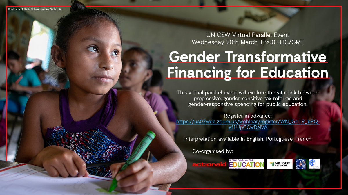 🌟 WEBINAR | Here's a reminder to join ActionAid alongside @eduint, @globaleducation, @alliance_ed, & @TaxJusticeNet for an insightful webinar on Gender Transformative Financing for Education TODAY at 1 pm (GMT) #CSW68 #TaxJustice Register to join ➡️ bit.ly/4cciWon