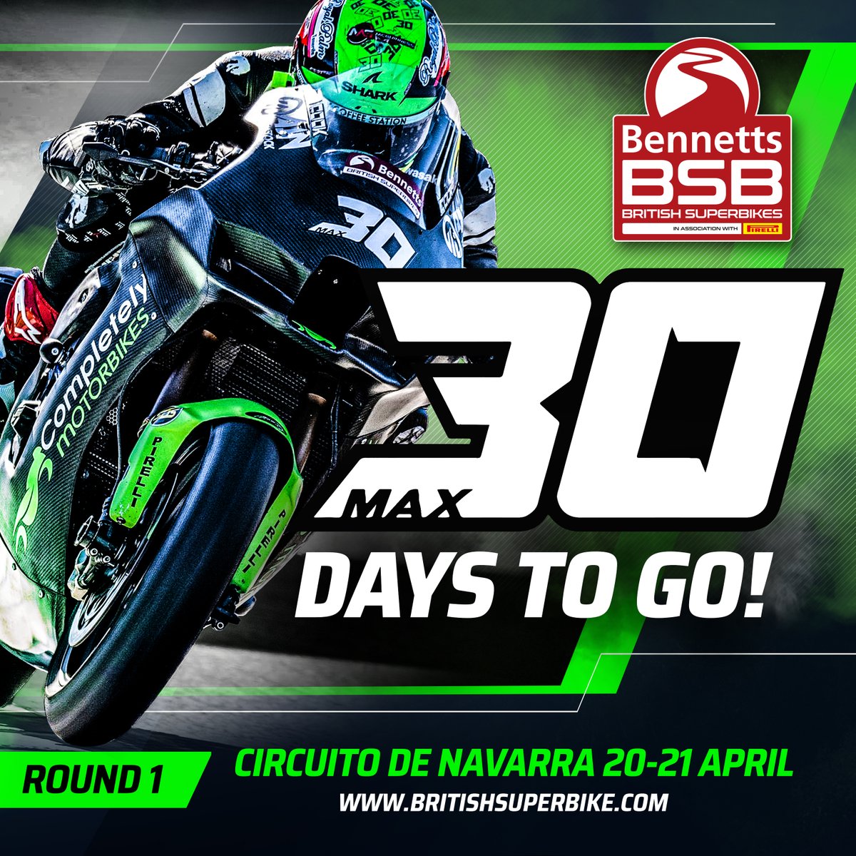 The @bennetts_bike BSB season opener is getting closer! 30 days to wait now until the first round of the season at @CircuitoNavarra @MaxCook_30 | @cmkawasaki Ticket information for our UK fans travelling to Circuito de Navarra➡️ bit.ly/3O6wt6E #NavarraBSB