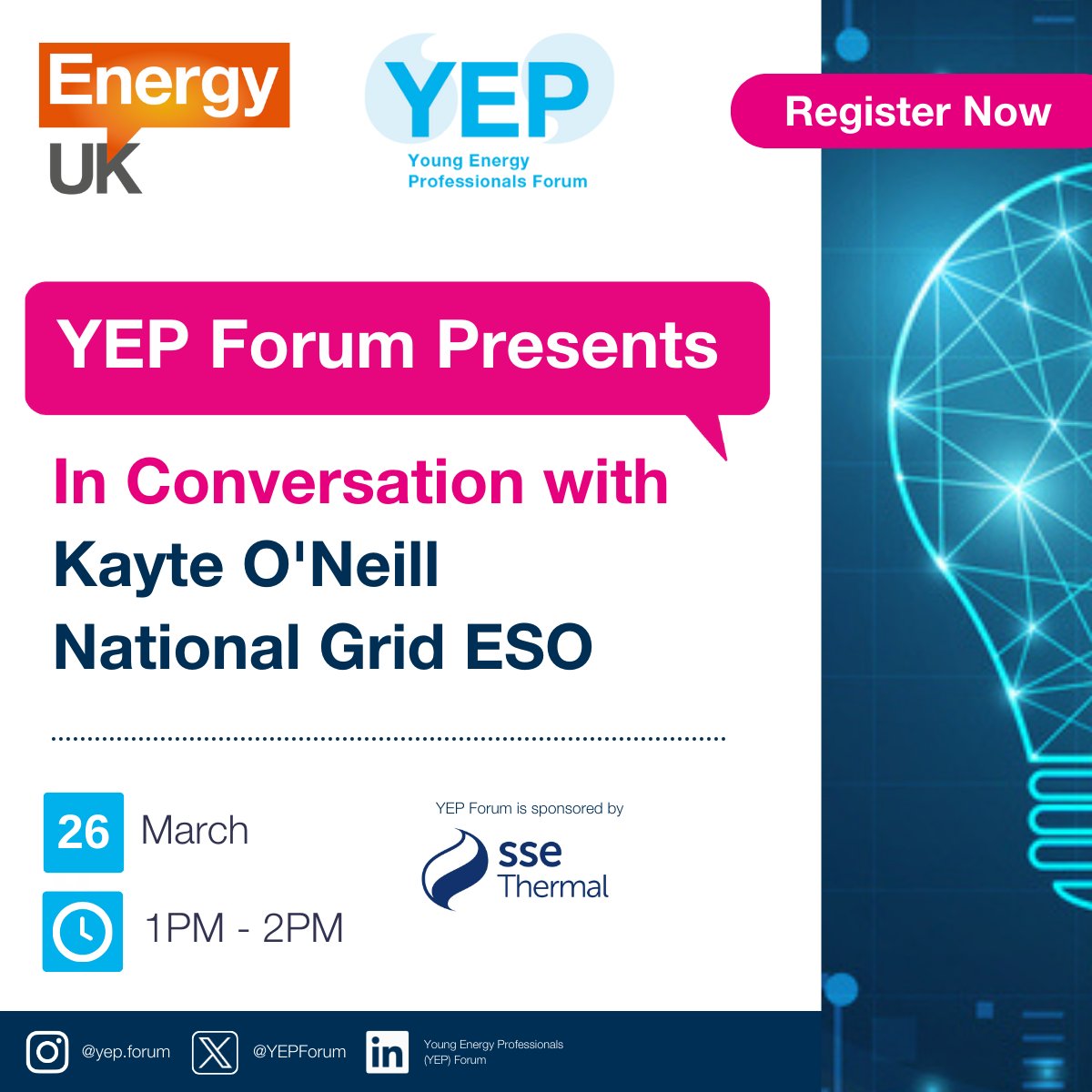 Young Energy Professionals Forum (@yepforum) on Twitter photo Join us on Zoom on 26 March at 1pm for a conversation with <a href="/kayte_oneill/">Kayte OโNeill</a> from @NationalGridESO. Kayte has 20+ years of experience in the energy industry & was recently accountable, on behalf of ESO, for the design and delivery of the NESO. Register here ๐๐พus06web.zoom.us/webinar/registโฆ Join us on Zoom on 26 March at 1pm for a conversation with <a href="/kayte_oneill/">Kayte OโNeill</a> from @NationalGridESO. Kayte has 20+ years of experience in the energy industry & was recently accountable, on behalf of ESO, for the design and delivery of the NESO. Register here ๐๐พus06web.zoom.us/webinar/registโฆ
