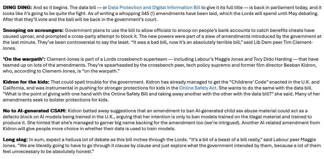 Ding, ding. Britain's (in)famous data protection reform bill is back in Parliament today from 4.15. Expect the Lords to put up a fight. From POLITICO Morning Technology UK today: