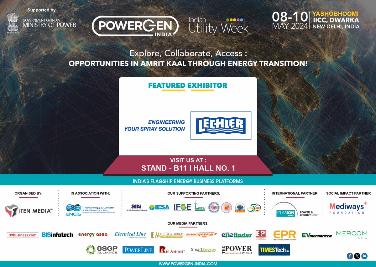 Delighted to announce ' @lechlernozzles ' as our 'Featured Exhibitor' at @PowerGenIndia & @IndianUtilityWk from 8th to 10th May 2024 at Yashobhoomi, IICC Dwarka, New Delhi ! connect +91-9990401916 | hansika@itenmedia.in #energy #power #powergeneration #utilities #PGIndia #iuw