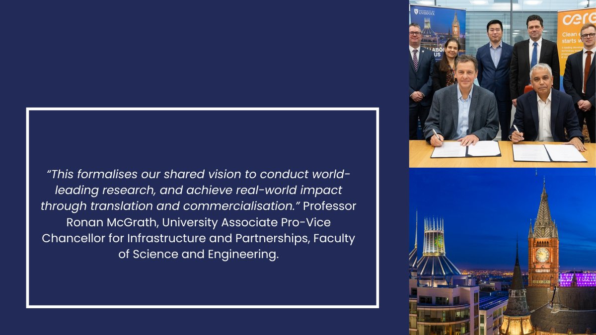 @LivUni signs agreement with @CeresPower, a leading developer of clean energy technology, to formalise their partnership and expand research and innovation collaborations across advanced materials research areas in support of net zero #LCRInnovation bit.ly/3vj7Opj