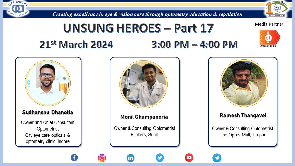🎉 Join us for the 17th episode of Unsung Heroes in association with Optician India Magazine 🌟 
Tune in on March 21st at 3:00pm as we spotlight three incredible private practicing optometrists. 
Don't miss the live session on Facebook
OCI Page and Optician India Magazine