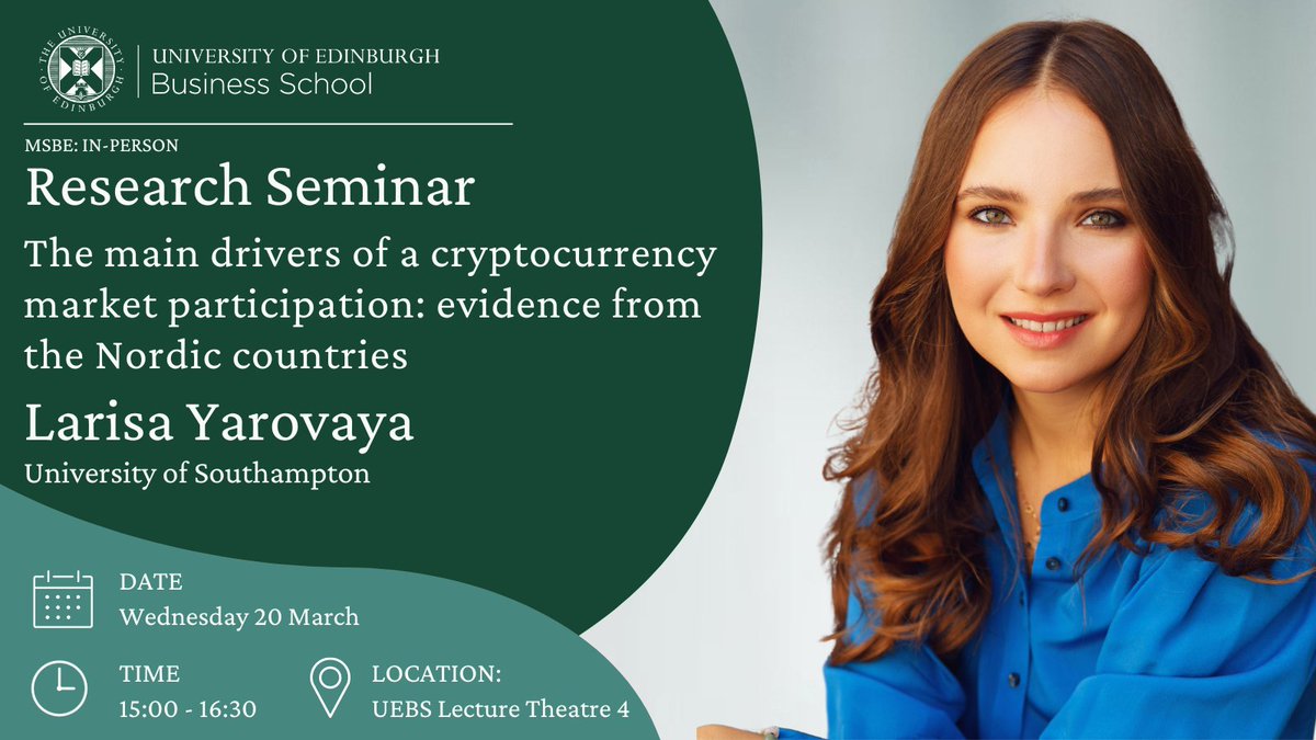 University of Edinburgh Business School (@uoebusiness) on Twitter photo #ResearchSeminar: Join us in welcoming <a href="/LarisaYarovaya/">Larisa Yarovaya</a> from Southampton Business School (<a href="/SotonBusiness/">SotonBusinessSchool</a>)
Larisa will present their work on: 'The main drivers of a cryptocurrency market participation: evidence from the Nordic countries'
<a href="/unisouthampton/">University of Southampton</a> #ResearchSeminar: Join us in welcoming <a href="/LarisaYarovaya/">Larisa Yarovaya</a> from Southampton Business School (<a href="/SotonBusiness/">SotonBusinessSchool</a>)
Larisa will present their work on: 'The main drivers of a cryptocurrency market participation: evidence from the Nordic countries'
<a href="/unisouthampton/">University of Southampton</a>