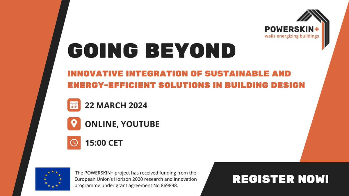 🚩Counting down the days for the final event of the #Powerskin+. 🌐 Join us online for our concluding public event, 'Going Beyond: Innovative Integration of Sustainable and Energy-Efficient Solutions in Building Design'. 📅March 22 🕜15:00 CET Register 👉fenixtnt.cz/going-beyond