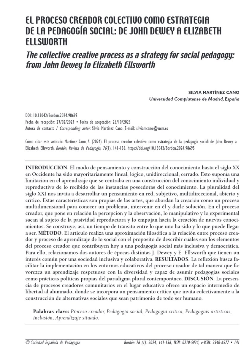 📣Silvia Martínez Cano (<a href="/silviamcano/">Silvia Martínez Cano</a>) investigadora <a href="/CCyPE_UCM/">Cultura Cívica y Políticas Educativas (grupo UCM)</a>, acaba de publicar "El proceso creador colectivo como estrategia de la pedagogía social: de John Dewey a Elizabeth Ellsworth" en Bordón ¡Echa un vistazo!👇🏽 doi.org/10.13042/Bordo… recyt.fecyt.es/index.php/BORD…