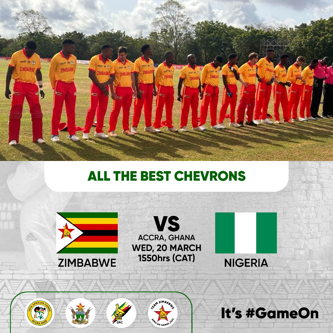 Wishing Team Zimbabwe's Chevrons all the best in the upcoming match! Bring on the runs, take those wickets, and show the world what Zimbabwean cricket is all about! #GoChevrons #ZimbabweCricket #TeamZimbabwe #GameOn #TeamZimbabwe #AfricanGames #GoTeamZim #BringHomeTheGold